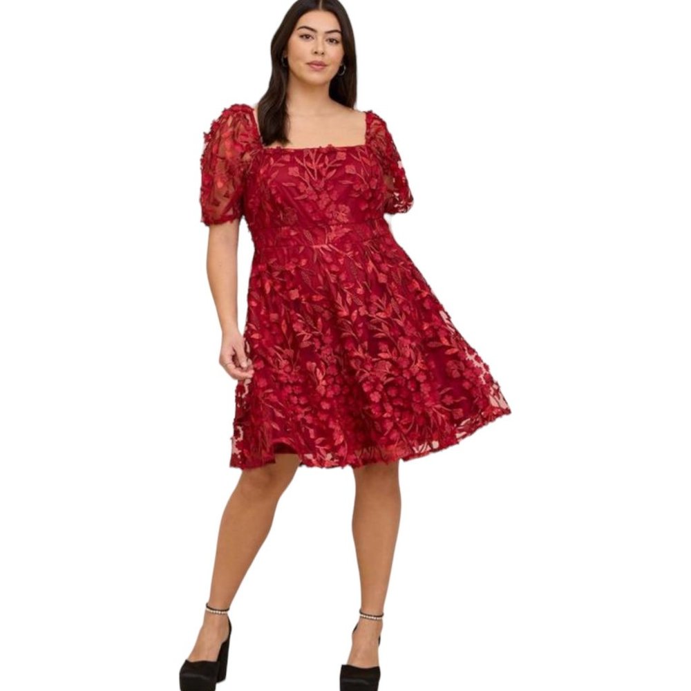 Torrid Size 20 Red Textured Mesh Floral Embroidery Lace Puff Sleeve Skater Dress